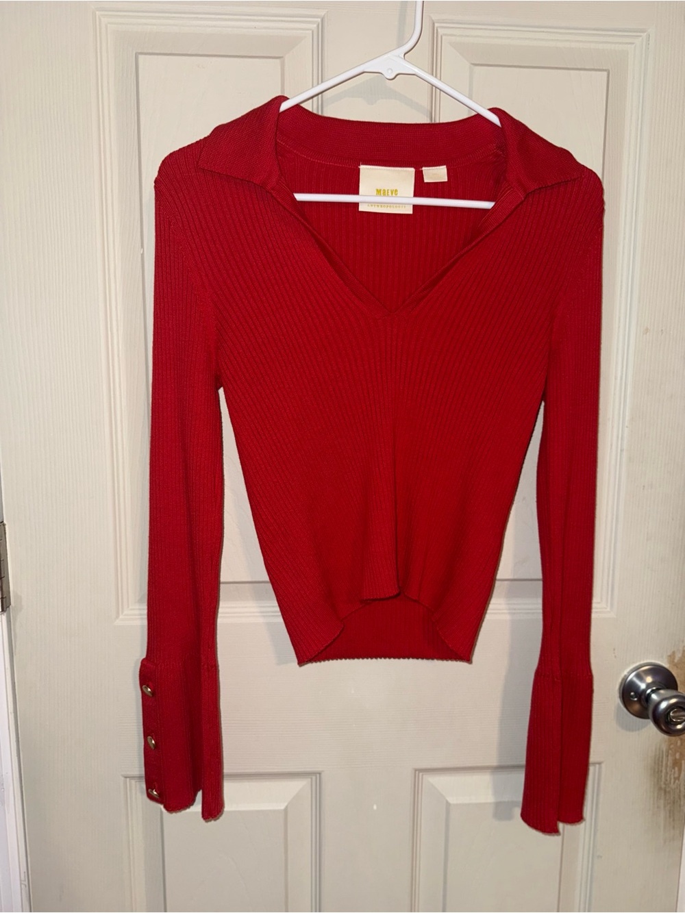 Anthropologie Maeve Bright Red Ribbed V-Neck Sweater